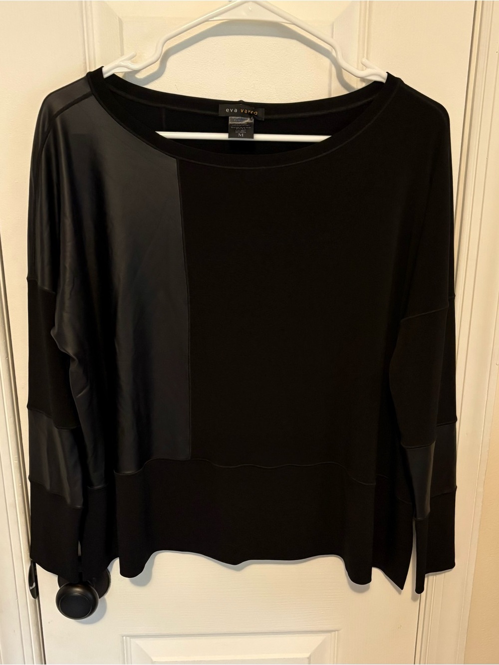 eva varro Black Mixed-Media Faux Leather Long Sleeve Women’s Top